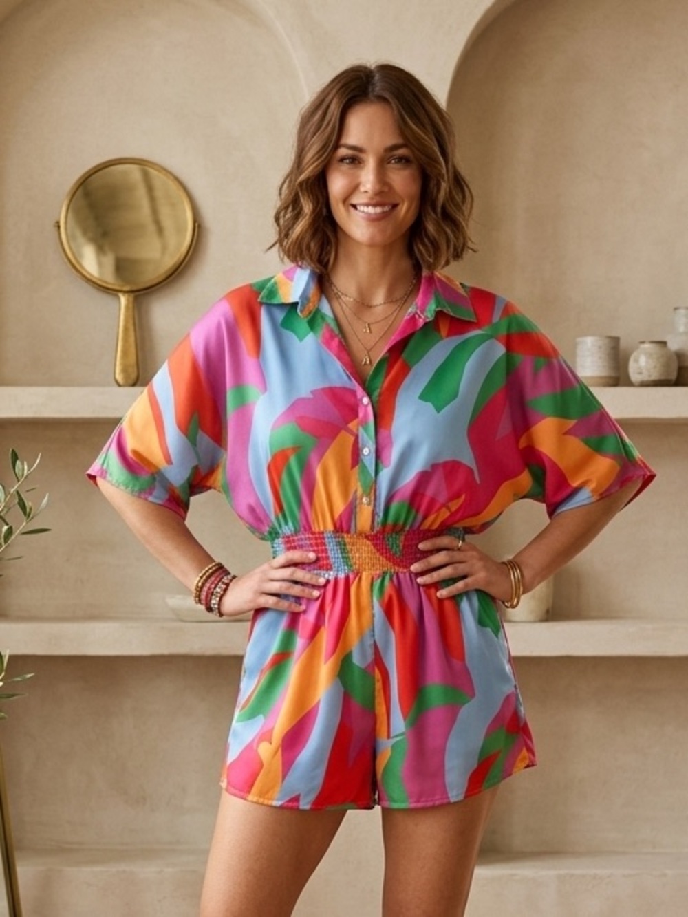 Adrienne Coastal Cowgirl Satin Romper Smocked Waist Large Retro Vibe